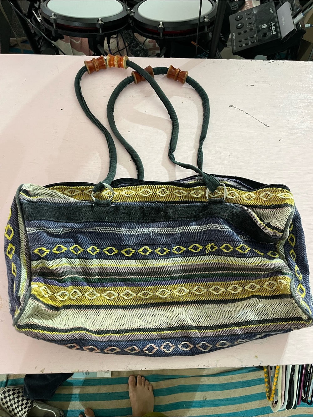 Boho Striped Duffel Bag Yoga Mat Hemp Look Bohemian Tote Beaded Large Shoulder